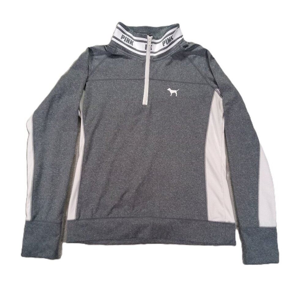 PINK Victoria Secret Ultimate Pullover Women Large 1/4 Zip Gray White Activewear